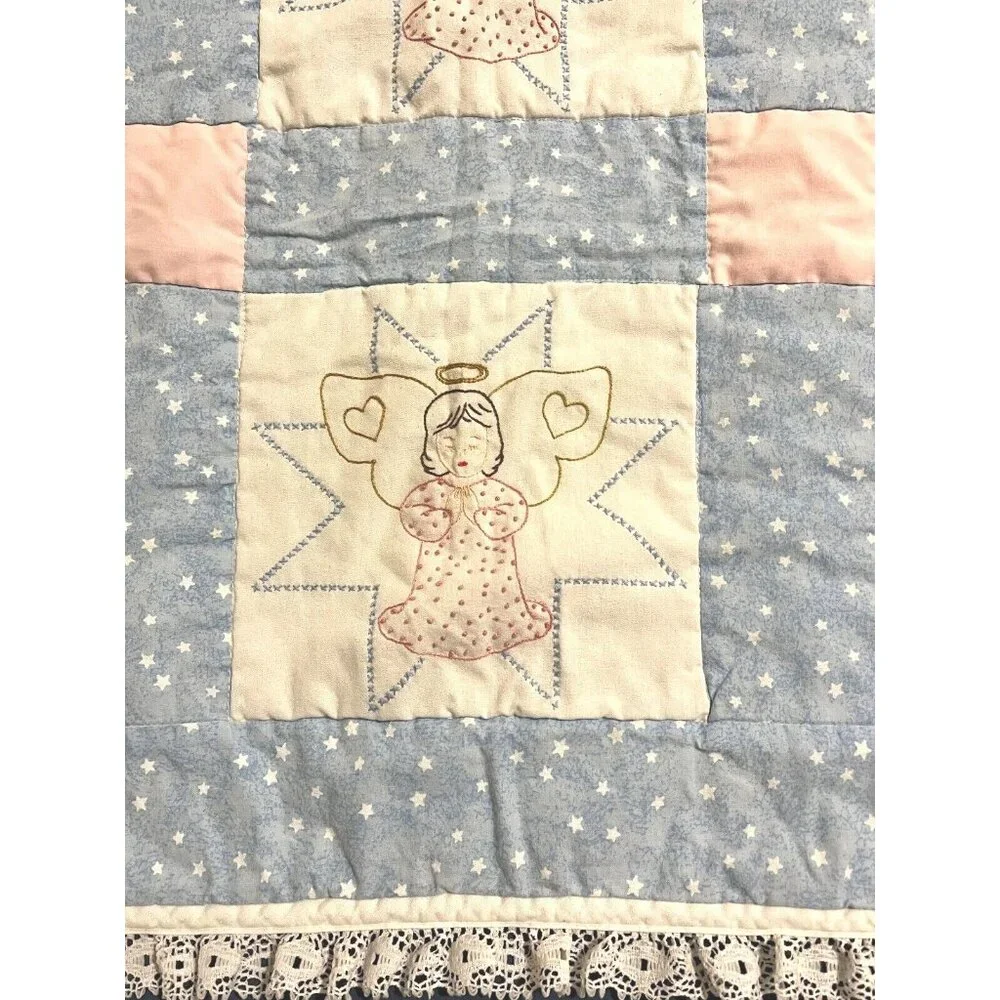 HM Crib Quilt Embroidered Farmhouse Angels Blue Pink Stars Lace 38x45 Country